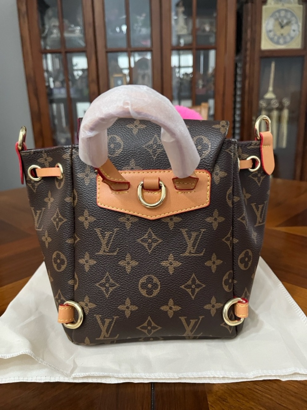 Chic Brown Bucket Backpack Bag with Pink Fur Flower Charm! - Picture 4 of 9